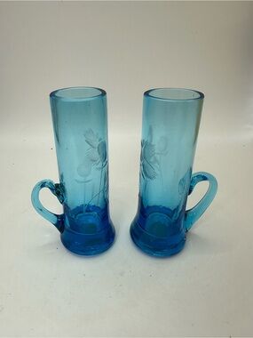 Vintage Nasco Tall Shot Glasses With Handle Blue Etched Floral Set of 2 MCM